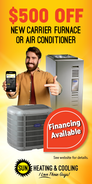Carrier air conditioning promotion vertical banner featuring new AC systems and special financing
