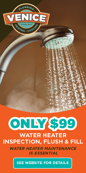 Venice Plumbing water heater inspection vertical banner featuring $99 flush and fill service