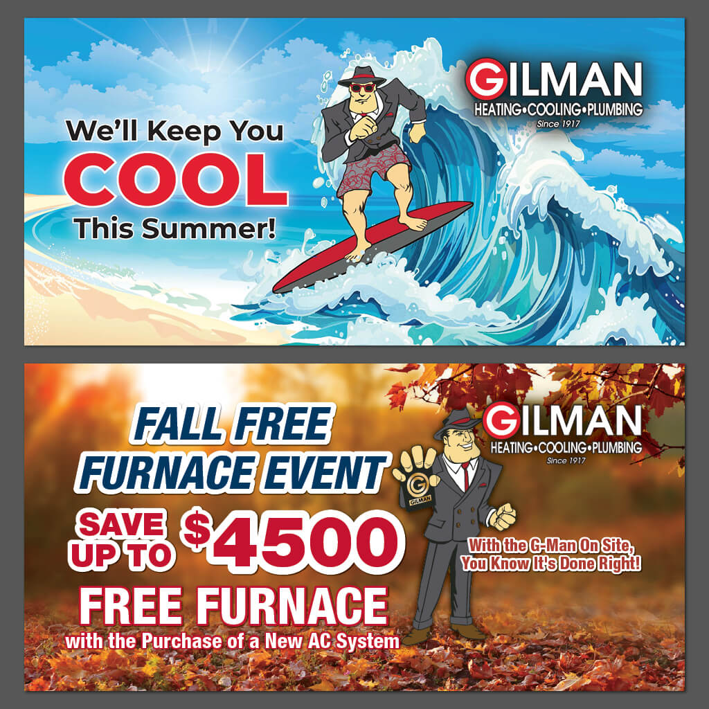 Two seasonal billboard designs for Gilman Heating Cooling Plumbing featuring G-Man mascot character, top billboard shows summer campaign with cartoon businessman in suit jacket and Hawaiian shorts surfing on red surfboard riding large turquoise wave against bright blue sky with white clouds and sun rays, We'll Keep You COOL This Summer headline with COOL in large red letters, sandy beach visible at bottom, bottom billboard shows fall campaign with G-Man in full business suit holding briefcase with G logo standing confidently in autumn leaves, warm orange golden bokeh lighting with falling autumn leaves, FALL FREE FURNACE EVENT in bold blue and white, SAVE UP TO $4500 in large red and white text, FREE FURNACE with the Purchase of a New AC System offer, With the G-Man On Site You Know It's Done Right tagline, both designs feature consistent Gilman branding with Since 1917 heritage, professional large-format outdoor advertising demonstrating seasonal marketing campaigns with character-driven storytelling for home services HVAC promotion