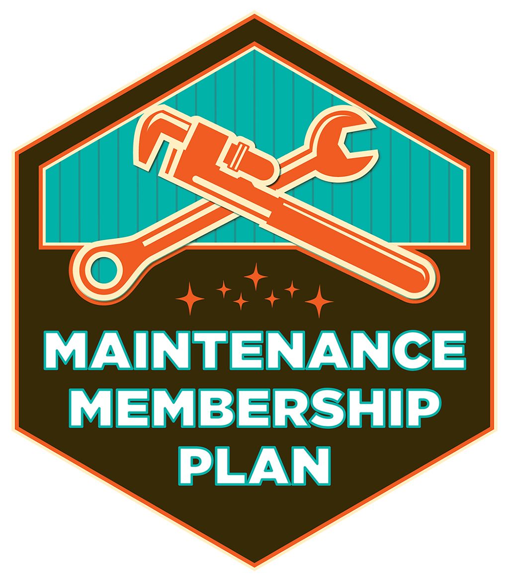 Maintenance Membership Plan hexagonal badge logo featuring crossed pipe wrench and open-end wrench in orange with cream outlines on dark brown background, upper turquoise house-shaped section with vertical line pattern, seven orange star sparkles arranged in arc below crossed tools, MAINTENANCE MEMBERSHIP PLAN text in large bold turquoise letters with white 3D outline effect at bottom, retro vintage badge design for HVAC plumbing maintenance agreement program branding emphasizing professional trade services and premium quality