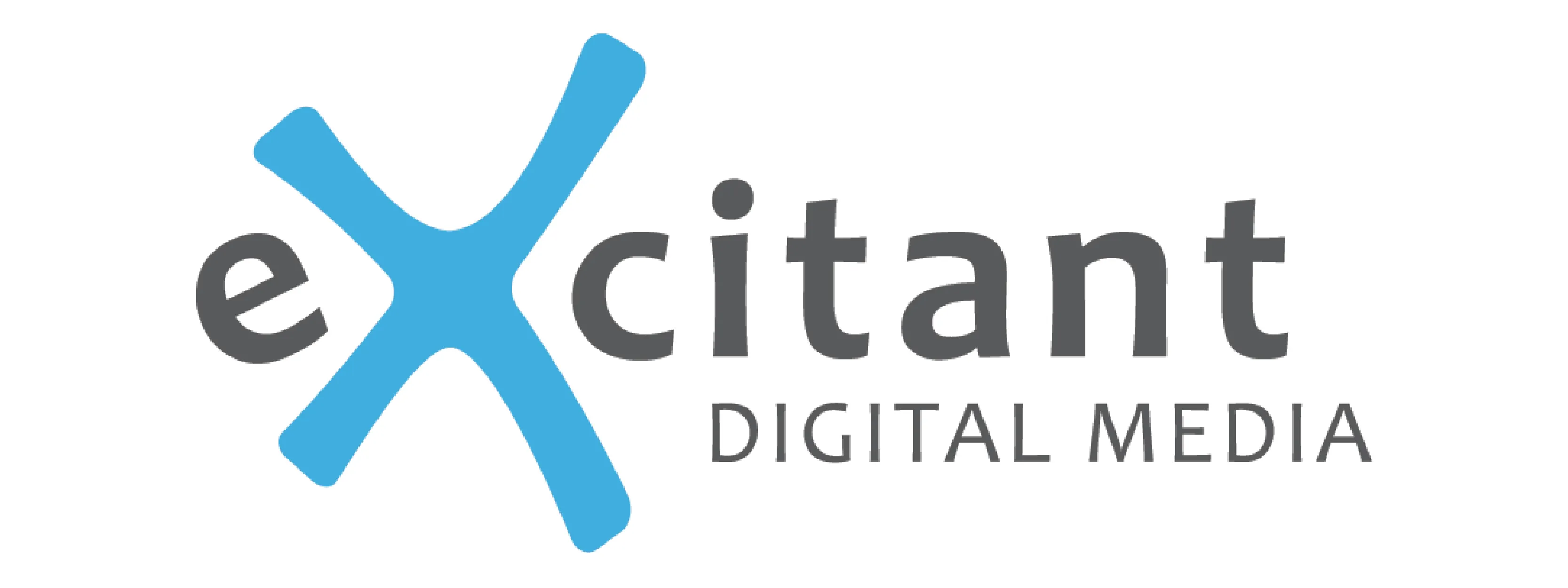 Excitant Digital Media logo featuring large stylized X in bright cyan blue with rounded organic brush-stroke shapes as central brand icon, excitant text in lowercase gray sans-serif font with X integrated from blue icon, DIGITAL MEDIA tagline in uppercase gray condensed font below, clean minimalist horizontal layout with vibrant blue accent and neutral gray typography on white background, modern tech-forward aesthetic for digital media marketing creative agency emphasizing innovation creativity and digital expertise