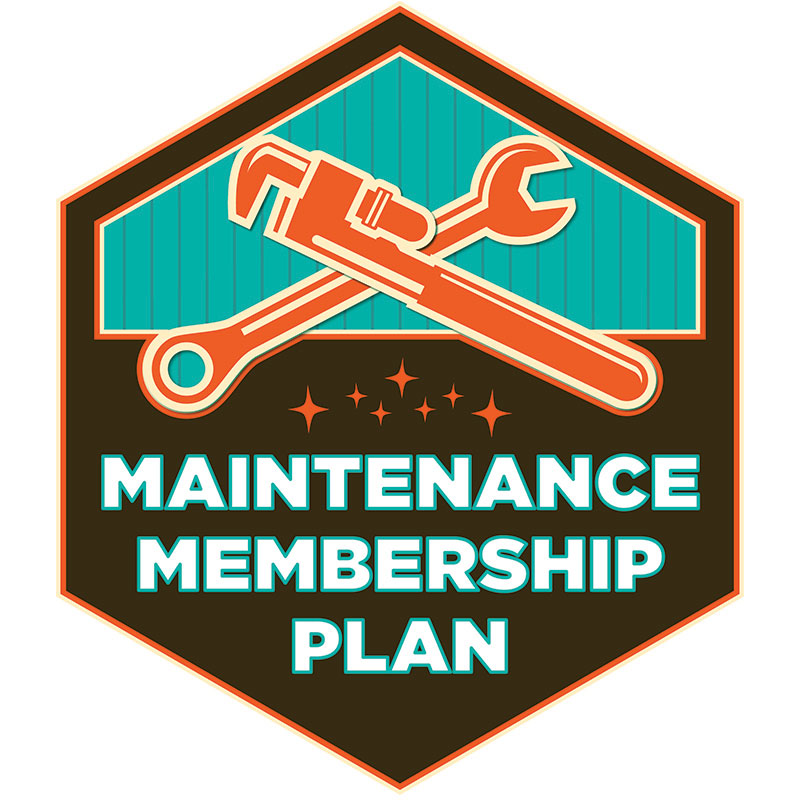 Maintenance Membership Plan hexagonal badge logo featuring crossed pipe wrench and open-end wrench in orange with cream outlines on dark brown background, upper turquoise house-shaped section with vertical line pattern, seven orange star sparkles arranged in arc below crossed tools, MAINTENANCE MEMBERSHIP PLAN text in large bold turquoise letters with white 3D outline effect at bottom, retro vintage badge design for HVAC plumbing maintenance agreement program branding emphasizing professional trade services and premium quality