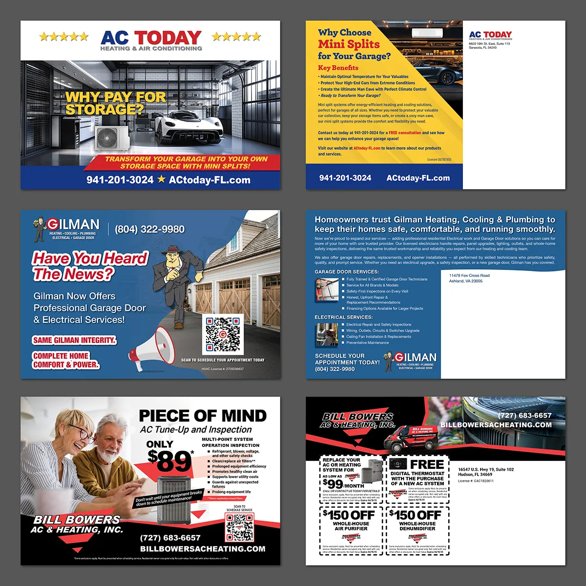 Grid showcase of 6 postcard direct mail designs for HVAC companies featuring AC Today with modern garage and white sports car promoting mini splits for garage storage transformation and key benefits for valuables protection, Gilman Heating Cooling Plumbing with dark blue G-Club VIP member renewal featuring cartoon mascot and shield logo plus white postcard back with customer address fields and comfort plan perks reminder, Bill Bowers AC & Heating with happy senior couple promoting $89 piece of mind AC tune-up and inspection plus black and red design with service van featuring $99 per month AC or heating system replacement free digital thermostat $150 off whole-house air purifier and dehumidifier coupons, professional postcard designs demonstrating front and back layouts with promotional offers company branding contact information and direct mail marketing best practices for home services advertising