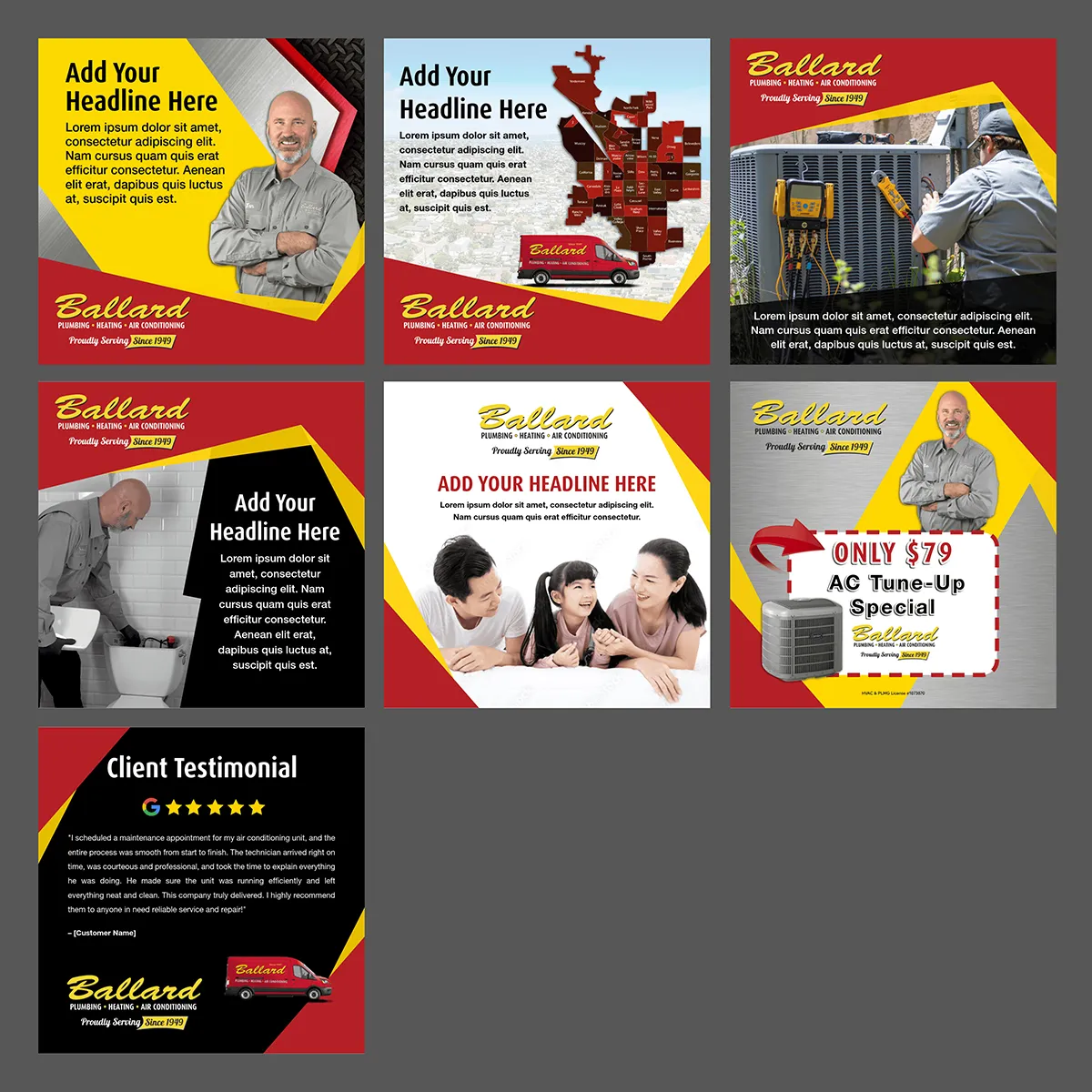 Grid showcase of 7 Ballard Plumbing Heating & Air Conditioning social media marketing templates featuring red and yellow gold color scheme with diagonal geometric shapes, Ballard script logo with PLUMBING HEATING AIR CONDITIONING and Proudly Serving Since 1949 tagline, professional HVAC technician photos, service van and coverage map imagery, family photos, AC unit equipment, Add Your Headline Here placeholder text, $79 AC Tune-Up Special promotional pricing, Client Testimonial design with Google 5-star review, consistent retro-modern corporate branding across all template variations for home services social media marketing